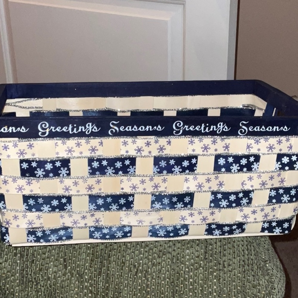 Holiday SEASONS GREETINGS Blue, Ivory, Silver Rectangular Wicker Basket handles - Picture 1 of 11